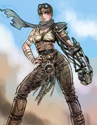 Rule 34 | 1girl, belt, black hair, black scarf, breasts, brown eyes, cleavage, contrapposto, dirty, dirty face, female focus, goggles, goggles on head, hand on own hip, imperator furiosa, mad max, mad max: fury road, mechanical arms, medium breasts, scarf, short hair, single mechanical arm, solo, standing, very short hair, yamashita shun&#039;ya