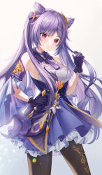 1girl absurdres blush bow braid breasts brown_pantyhose choker commentary cone_hair_bun detached_sleeves dress flower genshin_impact gloves hair_bow hair_bun hair_flower hair_ornament hand_on_own_hip hand_up highres holding holding_own_hair keqing_(genshin_impact) long_hair looking_at_viewer medium_breasts pantyhose pink_eyes playing_with_own_hair prana_(prana12) purple_bow purple_choker purple_dress purple_gloves purple_hair solo standing tassel twintails