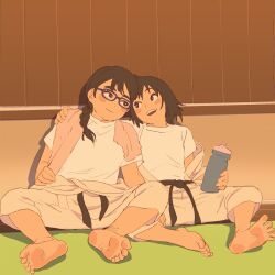 2girls 55bata6rou barefoot black_hair bottle dougi eye_contact feet foot_focus foreshortening full_body glasses hand_on_another&#039;s_shoulder highres holding holding_bottle indoors karate_gi leaning_on_person long_hair looking_at_another martial_arts_belt mou_ippon! multiple_girls on_floor open_mouth pants shirt short_hair short_sleeves sitting smile soles sonoda_michi sports_bottle takigawa_sanae toes towel towel_around_neck water_bottle white_shirt