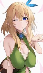1girl blonde_hair blowing_kiss blue_eyes breasts cleavage covered_erect_nipples dress elf feather_hair_ornament feathers green_dress hair_between_eyes hair_ornament hanging_breasts highres large_breasts leaning_forward legs looking_at_viewer one_eye_closed original parted_lips pointy_ears puckered_lips sleeveless sleeveless_dress slope_(check238) solo thighs wink