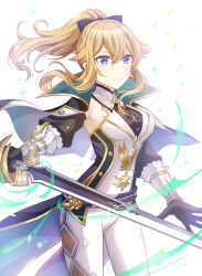 Rule 34 | 1girl, absurdres, ankoro, aqua capelet, black bow, black gloves, black shirt, black sleeves, blonde hair, blue eyes, bow, closed mouth, detached sleeves, dress shirt, floating hair, genshin impact, gloves, hair between eyes, hair bow, highres, holding, holding sword, holding weapon, jean (genshin impact), long hair, pants, ponytail, shirt, smile, solo, standing, sword, vest, weapon, white background, white pants, white vest