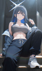 Rule 34 | 1girl, absurdres, alternate costume, aoi (07aoi15), artist name, bare shoulders, black hair, black nails, black pants, blue archive, blue eyes, blue hair, blue halo, blush, breasts, calvin klein, colored inner hair, commentary request, dated, fingernails, grey jacket, grey sports bra, halo, hand up, highres, jacket, large breasts, light particles, long hair, long sleeves, looking at viewer, midriff, multicolored hair, nail polish, navel, off shoulder, open clothes, open jacket, pants, puffy long sleeves, puffy sleeves, saori (blue archive), shoes, sitting, sitting on stairs, solo, sports bra, stairs, white shoes