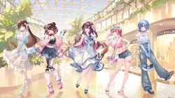 Rule 34 | 5girls, azki (hololive), azki (holonatsu paradise) (hololive), bag, black camisole, black choker, black hair, blue arm warmers, blue eyes, blue jacket, blue pants, blue sailor collar, blue shoes, blue shorts, blue sky, bow, brown hair, camisole, choker, closed mouth, colored inner hair, denim, denim shorts, double-parted bangs, double bun, dress, eyewear on head, flower, flower hairpin, full body, gradient hair, green eyes, hair between eyes, hair bow, hair bun, hair flaps, hair flower, hair ornament, hand on own hip, hand up, high heels, hololive, holonatsu paradise, hoshimachi suisei, hoshimachi suisei (holonatsu paradise), indoors, jacket, jeans, leg warmers, long hair, looking at viewer, mechanical legs, midriff, multicolored hair, multiple girls, navel, noir eku, off shoulder, official alternate costume, official alternate hair length, official alternate hairstyle, official art, open mouth, outside border, pants, pink hair, pink jacket, pink shirt, pink shoes, pleated skirt, purple eyes, roboco-san, roboco-san (holonatsu paradise), sailor collar, sailor dress, sakura miko, sakura miko (holonatsu paradise), sandals, shirt, shirt tucked in, shoes, short hair, short twintails, shorts, shoulder bag, single side bun, skirt, skirt hold, sky, sleeveless, sleeveless dress, smile, sneakers, streaked hair, sunglasses, t-shirt, thigh strap, tokino sora, tokino sora (holonatsu paradise), torn clothes, torn jeans, torn pants, twintails, virtual youtuber, white dress, white hair, white leg warmers, white shirt, white shoes
