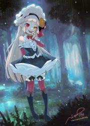 Rule 34 | 1girl, absurdres, black dress, black nail polish, black nails, blush, bonnet, boots, breasts, dress, eyelashes, fangs, female focus, fingernails, floral print, flower, forest, frills, full body, grey hair, hair flower, hair ornament, halloween, headdress, henreader, heterochromia, highres, izumi kumi, long hair, looking at viewer, nail polish, nature, night, open mouth, original, outdoors, pointy ears, rain, red eyes, red thighhighs, rose, rose print, sharp fingernails, sharp teeth, sheer gloves, shiny skin, small breasts, smile, solo, straight bangs, straight hair, teasing, teeth, thighhighs, thighs, tongue, vampire, yellow eyes