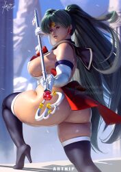 1girl artnip bishoujo_senshi_sailor_moon gloves green_hair holding holding_staff leotard long_hair looking_back meiou_setsuna ponytail ribbon sailor_pluto solo staff thick_thighs thighhighs thighs very_long_hair