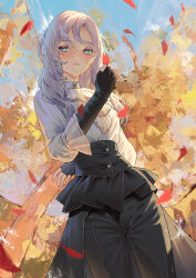 1girl arm_behind_back ascot black_gloves black_pants blue_eyes blush character_request check_clothing cirilla_lin clair_obscur:_expedition_33 closed_mouth clothing_request commentary cowboy_shot elbow_gloves fingerless_gloves gloves highres holding holding_petal looking_to_the_side pants petals red_petals shirt shirt_tucked_in solo white_ascot white_shirt