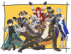 argenti_(honkai:_star_rail) arlan_(honkai:_star_rail) armor black_footwear black_gloves black_hair black_pants black_shirt brown_hair caelus_(honkai:_star_rail) closed_eyes closed_mouth dan_heng_(honkai:_star_rail) dan_heng_(hunt)_(honkai:_star_rail) dark-skinned_male dark_skin dr._ratio_(honkai:_star_rail) fingerless_gloves glasses gloves grey_hair hair_between_eyes hair_over_one_eye highres honkai:_star_rail honkai_(series) long_hair male_focus multiple_boys open_mouth pants red_hair screwllum_(honkai:_star_rail) shirt short_hair simple_background sleeveless sleeveless_shirt smile standing susukinohara320 trailblazer_(honkai:_star_rail) welt_yang white_hair yellow_eyes