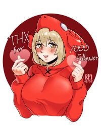 Rule 34 | 1girl, 2025, 54kmlikeuniform, absurdres, animal costume, blonde hair, blush, border, breasts, dated, dragon costume, dungeon meshi, falin touden, falin touden (tallman), hands on own hips, heart, highres, hood, hood up, hoodie, large breasts, medium hair, onesie, open mouth, red background, smile, solo, thank you, white border, yellow eyes