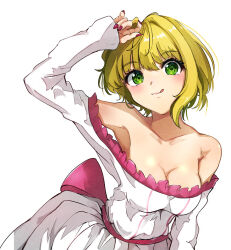 1girl bare_shoulders blonde_hair blush breasts cleavage commentary_request dojikko_pose dress fingernails frilled_dress frills green_eyes hand_on_own_head idolmaster idolmaster_cinderella_girls idolmaster_cinderella_girls_starlight_stage long_fingernails long_sleeves looking_at_viewer medium_breasts miyamoto_frederica partial_commentary pink_nails pink_ribbon ribbon sasai_tuki short_hair simple_background smile solo white_background white_dress