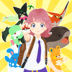 ._. 1other 2girls :3 animal_hands animal_nose arm_up arms_up artist_name azumarill backpack bag bird black_eyes blank_eyes blue_eyes blue_necktie blush blush_stickers body_fur brown_eyes clodsire closed_mouth collared_shirt colored_skin creatures_(company) drawstring flat_chest furry game_freak gardevoir gen_2_pokemon gen_3_pokemon gen_6_pokemon green_fur green_hair green_skin hair_over_one_eye half-closed_eyes hands_on_own_chest hands_up happy highres holding holding_poke_ball juliana_(pokemon) light_blush looking_at_viewer medium_hair meowscarada mole mole_under_eye multicolored_skin multiple_girls necktie nintendo one_eye_covered open_mouth outstretched_arm outstretched_arms own_hands_together pawmot pawpads poke_ball poke_ball_(basic) pokemon pokemon_(creature) pokemon_sv purple_necktie randoseru red_eyes red_hair shirt short_hair short_sleeves sidelocks signature smile standing sunburst sunburst_background swept_bangs talonflame two-tone_skin upper_body uta_(pixiv_4699580) white_shirt white_skin yellow_background