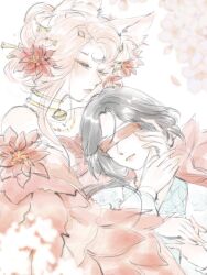 2girls absurdres animal_ear_fluff animal_ears bare_shoulders bead_necklace beads bell black_hair blindfold cherry_blossoms chinese_clothes chinese_hairpin choker closed_eyes colored_blindfold eyelashes eyeshadow flower forever_bond_(infinity_nikki) fox_ears hair_bun hair_flower hair_ornament hair_rings hairpin hand_on_another&#039;s_cheek hand_on_another&#039;s_face hand_on_another&#039;s_hand hanfu head_on_chest highres infinity_nikki interlocked_fingers jewelry lipstick long_sleeves lotus makeup miss_bai_(infinity_nikki) mocha_gaogao multiple_girls multiple_hairpins neck_bell necklace nikki_(nikki) nikki_(series) off_shoulder parted_lips petals pink_eyeshadow pink_flower pink_hair pink_lips red_flower red_hanfu short_hair_with_long_locks single_hair_bun updo upper_body white_background white_hanfu wide_sleeves yellow_choker yuri