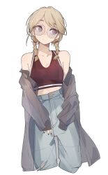 1girl bare_shoulders black_jacket black_nails blonde_hair braid breasts collarbone commentary crop_top denim english_commentary expressionless highres jacket jeans kamatpit looking_to_the_side medium_hair messy_hair midriff_peek off_shoulder open_clothes open_jacket original pants red_shirt round_eyewear see-through_clothes see-through_jacket shirt simple_background sleeveless sleeveless_shirt sleeves_past_fingers sleeves_past_wrists small_breasts sunglasses torn_clothes torn_pants twin_braids white_background