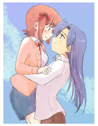 2girls amami_haruka blue_hair blue_skirt blue_sky blush border brown_eyes brown_hair closed_mouth collared_shirt day eye_contact green_eyes hair_ribbon idolmaster idolmaster_(classic) idolmaster_1 jacket kisaragi_chihaya lifting_person long_hair long_sleeves looking_at_another multiple_girls outdoors pink_jacket red_ribbon ribbon shirt short_hair skirt sky standing tsubobot white_border white_shirt yuri