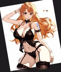 1girl alternate_costume armband artist_name bangle bare_shoulders black_armband black_bra black_choker black_panties black_thighhighs blue_gemstone blush bra bracelet breasts brown_eyes choker cleavage collarbone color_guide commentary cowboy_shot garter_straps gem hand_up highres jewelry kasumi_6 lace lace-trimmed_bra lace-trimmed_choker lace-trimmed_legwear lace-trimmed_panties lace_armband lace_trim large_breasts lingerie long_hair looking_at_viewer nami_(one_piece) navel one_piece orange_hair panties shoulder_tattoo sidelocks solo stomach tattoo thighhighs thighs underwear wavy_hair