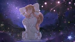 1girl absurdres animal_ears armpits arms_behind_head ayunda_risu ayunda_risu_(goddess) blush breasts brown_hair cleavage cleavage_cutout clothing_cutout detached_sleeves dress floral_print flower glowing_flower green_eyes highres hololive hololive_indonesia lake large_breasts light_particles local_catto long_hair looking_at_viewer night night_sky outdoors plant plant_print pleated_dress see-through_clothes sky solo squirrel_ears squirrel_girl squirrel_tail standing star_(sky) tail tree very_long_hair vines virtual_youtuber wading water wet wet_clothes wet_dress white_dress