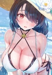1girl black_hair blue_archive blush breasts cleavage cross cross_earrings earrings flower hair_over_one_eye hat hat_flower highres hinata_(blue_archive) hinata_(swimsuit)_(blue_archive) jewelry large_breasts long_hair looking_at_viewer ocean official_alternate_costume one-piece_swimsuit open_mouth red_eyes sidelocks solo straw_hat sun_hat swimsuit wet white_flower white_one-piece_swimsuit yomizu_(rdad3278)