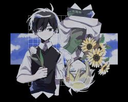 Rule 34 | 2boys, basil (faraway) (omori), basil (omori), black eyes, black hair, black sweater vest, blonde hair, blue eyes, closed mouth, collared shirt, commentary, flower, gm70t, green sweater vest, hair flower, hair ornament, hashtag-only commentary, heterochromia, highres, holding, holding flower, looking at viewer, male focus, multiple boys, omori, shirt, short hair, spoilers, sunflower, sunny (omori), sweater vest, tulip, white eyes, white flower, white shirt, white tulip