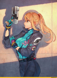 1girl belt belt_pouch blonde_hair blue_bodysuit blue_eyes bodysuit bracelet commentary english_commentary gloves gun handgun holding holding_gun holding_weapon jacket jewelry long_hair looking_to_the_side metroid metroid_(creature) nintendo omar_morales open_clothes open_jacket pants ponytail pouch samus_aran shadow solo weapon