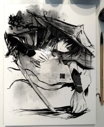 Rule 34 | 1boy, ajirogasa, alticute, armor, art tools in frame, artist name, bleeding, blood, blood on hands, blunt ends, calligraphy brush (medium), clothing cutout, genshin impact, gnosis (genshin impact), greyscale, hair between eyes, hat, head rest, highres, holding, japanese armor, japanese clothes, kariginu, katana, kote, kuronushi (genshin impact), layered sleeves, male focus, mandarin collar, monochrome, open hand, parted lips, photo (medium), planted, planted sword, planted weapon, scaramouche (genshin impact), shoulder cutout, sketch, solo, sword, traditional media, tsurime, weapon