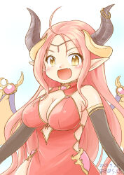 Rule 34 | 1girl, ahoge, akihara ryou, artist name, breasts, cleavage, dragon girl, dragon horns, dragon wings, highres, horns, iris mysteria!, large breasts, long hair, looking at viewer, open mouth, pointy ears, red hair, sharon oliva, upper body, wings, yellow eyes
