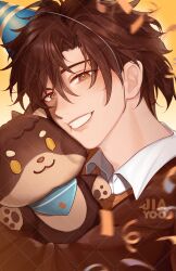 Rule 34 | 1boy, artist name, birthday, blush, brown eyes, brown hair, brown jacket, cheng xiaoshi, cheng xiaoshi (dog), collared shirt, confetti, grin, hair between eyes, hat, highres, holding, holding stuffed toy, jacket, jia yoo, long sleeves, looking at viewer, male focus, necktie, official alternate costume, orange background, party hat, ponytail, portrait, shiguang dailiren, shirt, short hair, short ponytail, smile, solo, stuffed animal, stuffed toy, sweater, teeth, upper body, watermark, white shirt, yellow background, yellow sweater