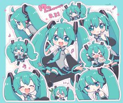 Rule 34 | &gt; &lt;, 1girl, :&gt;, :3, :d, ^ ^, anniversary, aqua belt, aqua border, aqua eyes, aqua hair, aqua necktie, aqua theme, arm at side, arm up, armpit crease, bare shoulders, beamed eighth notes, beamed sixteenth notes, belt, birthday cake, black boots, black skirt, black sleeves, blush stickers, boots, border, cake, cake slice, chibi, chibi inset, clenched hands, closed eyes, closed mouth, collared shirt, cropped torso, dated, detached sleeves, dot nose, double-parted bangs, dress shirt, eighth note, embarrassed, excited, flying sweatdrops, food, fork, frown, fruit, full body, furrowed brow, grey shirt, hachune miku, hair between eyes, hand to own mouth, hand up, happy, hatsune miku, headset, heart, highres, holding, holding food, holding fork, holding plate, holding spring onion, holding vegetable, knees together feet apart, laughing, leaning to the side, light blush, limited palette, looking at viewer, looking back, loose belt, multiple expressions, multiple views, musical note, najo, necktie, no nose, notice lines, number tattoo, o o, open mouth, outline, outstretched arms, plate, pleated skirt, polka dot, polka dot background, pout, profile, quarter note, rectangular mouth, round teeth, shirt, shoulder tattoo, sidelocks, sideways glance, signature, simple background, sitting, skirt, sleeveless, sleeveless shirt, smile, sparkle, spread arms, spring onion, strawberry, strawberry shortcake, tareme, tattoo, teeth, thigh boots, thigh gap, thighhighs, tie clip, turning head, twintails, upper teeth only, v-shaped eyebrows, vegetable, vocaloid, walking, wariza, wavy ends, wavy mouth, white background, white outline, wide sleeves, zettai ryouiki