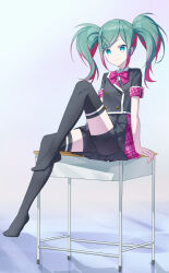 1girl absurdres bike_shorts blue_eyes blue_hair bow desk green_eyes hair_ornament hatsune_miku highres leo/need_(project_sekai) leo/need_miku moboireach on_desk project_sekai red_hair school_desk sitting skirt thighhighs twintails vocaloid