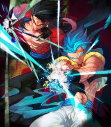 Rule 34 | black hair, blue eyes, blue sash, closed mouth, dougi, dragon ball, dragon ball heroes, dragon ball super, earrings, gloves, gogeta, jewelry, long hair, looking at viewer, male focus, metamoran vest, monkey boy, monkey tail, multiple boys, muscular, muscular male, ommmyoh, pants, potara earrings, red fur, saiyan, sash, spiked hair, super saiyan, super saiyan 4, super saiyan blue, tail, time patrol (dragon ball), twitter username, vegetto (xeno)