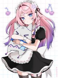 Rule 34 | 1girl, :t, alternate costume, anger vein, apron, black dress, black garter straps, black pantyhose, blue eyes, blush, cherry, citlali (genshin impact), closed mouth, commentary, dress, enmaided, facial mark, fingernails, food, forehead mark, frilled apron, frills, fruit, garter straps, genshin impact, gradient hair, grid background, hair intakes, highres, holding, holding stuffed toy, long hair, looking at viewer, maid, maid apron, maid headdress, multicolored hair, nail polish, pantyhose, pink hair, pink pupils, pixel art inset, pout, purple nails, short sleeves, single garter strap, solo, stuffed toy, thigh marking, thighs, triangle, triangle facial mark, twitter username, two-tone hair, vickie (cryingrobot), white apron, white background, white wrist cuffs, wrist cuffs