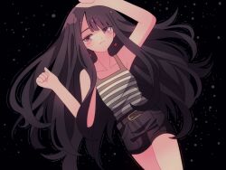 Rule 34 | arms up, belt, black background, black hair, black shorts, brown belt, camisole, closed mouth, commentary, dutch angle, english commentary, grey camisole, grey eyes, highres, light frown, long hair, looking to the side, lying, ohamihaeru, on back, shimako (yume 2kki), shorts, simple background, striped camisole, symbol-shaped pupils, triangle-shaped pupils, very long hair, white camisole, yume 2kki