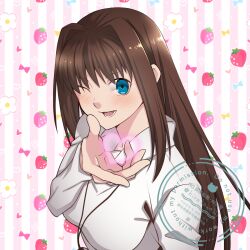 1girl aozaki_aoko blue_eyes blush brown_hair heart highres hirakawa jewelry long_hair mahou_tsukai_no_yoru one_eye_closed pendant solo sweater upper_body watermark white_sweater