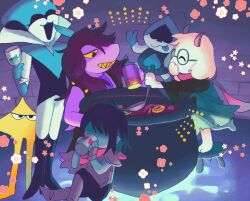 1other 2boys 2girls beryllium_game black_boots blue_skin boots cauldron colored_sclera colored_skin colored_teeth commentary_request cup deltarune drinking holding holding_cup holding_ladle kris_(dark_world)_(deltarune) kris_(deltarune) ladle lancer_(deltarune) laughing long_hair multiple_boys multiple_girls on_stool open_mouth purple_hair purple_skin queen_(deltarune) ralsei sharp_teeth short_hair susie_(dark_world)_(deltarune) susie_(deltarune) teeth the_original_starwalker yellow_sclera yellow_teeth