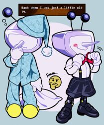Rule 34 | 1boy, ant tenna, black shoes, black shorts, blue hat, blue pajamas, blue pants, blue shirt, blush stickers, bow, bowtie, crt, deltarune, emoji, full body, game screenshot inset, gloves, hat, highres, holding, holding pillow, male focus, multiple views, object head, pajamas, pants, pillow, pointy nose, red bow, red bowtie, shirt, shoes, shorts, single blush sticker, smile, suspenders, thinking emoji, vn35214, white gloves, white shirt, yellow shoes