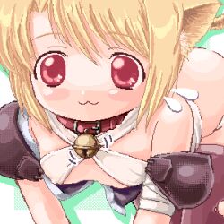 1girl 2000s_(style) :3 all_fours animal_collar animal_ears armor assassin_(ragnarok_online) badbullet bell blonde_hair bra breasts brown_thighhighs cat_ears cat_girl cat_tail closed_mouth collar cowboy_shot flying_sweatdrops green_background jingle_bell looking_at_viewer lowres medium_breasts neck_bell panties pauldrons ragnarok_online red_eyes short_hair shoulder_armor smile solo tail thighhighs underwear white_bra white_panties