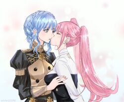 Rule 34 | 2girls, blue hair, braid, breasts, brown eyes, closed eyes, crown braid, fire emblem, fire emblem: three houses, garreg mach monastery uniform, helen (helen2210hk), highres, hilda valentine goneril, kiss, kissing cheek, light blush, long hair, long sleeves, marianne von edmund, medium breasts, multiple girls, nintendo, parted lips, pink eyes, pink hair, short hair, simple background, small breasts, surprised, twintails, twitter username, yuri