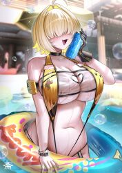 1girl absurdres bare_shoulders black_gloves blonde_hair blush breasts can covered_eyes elegg_(boom_and_shock)_(nikke) energy_drink gloves goddess_of_victory:_nikke hair_over_eyes highres holding holding_can huge_breasts innertube monster_energy navel official_alternate_costume one-piece_swimsuit open_mouth pool short_hair slingshot_swimsuit smile solo stomach swim_ring swimsuit tansuan_(ensj3875) underboob water