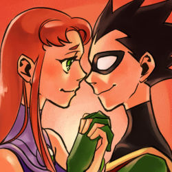 1boy 1girl alien black_hair blush cartoon_network couple dc_comics dick_grayson domino_mask eye_contact gloves gorget green_eyes hetero holding_hands imminent_kiss interlocked_fingers looking_at_another lowres mask portrait profile red_hair robin_(dc) sen_(pixiv111638) sen_(sen69) smile starfire teen_titans