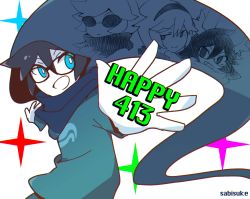1boy animal_ears anniversary black_hair blue_eyes bright_pupils colored_skin dave_strider dog_ears highres homestuck hood jade_harley john_egbert male_focus rose_lalonde sabisuke_(be) simple_background solo_focus white_background white_skin
