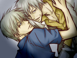 2boys akagi akagi:_yami_ni_oritatta_tensai akagi_shigeru dual_persona fukumoto_mahjong male_focus motoki_aki multiple_boys naoya_(pixiv) red_eyes selfcest silver_hair