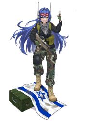 1girl absurdres ammunition_box arm_up assault_rifle belt_pouch blue_hair boots bullpup commission fingerless_gloves full_body girls&#039;_frontline gloves green_gloves gun headband headgear hexagram highres holding holding_gun holding_weapon israel israel-hamas_war israeli_flag iwi_tavor keffiyeh kinrich knee_pads lace-up_boots long_hair long_sleeves looking_at_viewer military_uniform orange_eyes out_of_character palestine palestinian_clothes palestinian_flag pflp pointing pointing_up pouch red_headband rifle robot_ears shoes single_knee_pad smile standing star_of_david tar-21_(girls&#039;_frontline) tavor_tar-21 weapon yellow_boots