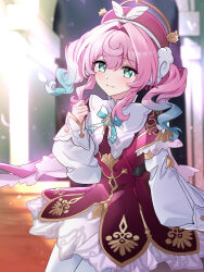 1girl aqua_bow aqua_bowtie aqua_eyes aqua_hair beret blue_bow blue_hair blurry blurry_background blush bow bowtie closed_mouth commentary_request depth_of_field dress gradient_hair green_eyes hair_between_eyes hair_intakes hand_up hat honkai:_star_rail honkai_(series) hyacine_(honkai:_star_rail) layered_sleeves long_hair long_sleeves looking_at_viewer medium_hair multicolored_hair pantyhose pink_hair puffy_long_sleeves puffy_sleeves purple_dress purple_hat red_dress red_hat ringlets short_over_long_sleeves short_sleeves sleeves_past_wrists smile solo tsuezu two-tone_hair white_pantyhose