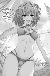 Rule 34 | 1girl, bare shoulders, bikini, blush, bracelet, breasts, character name, choker, collarbone, cowboy shot, fence, from below, gluteal fold, greyscale, hair ornament, happy birthday, heterochromia, highres, holding, holding towel, idolmaster, idolmaster cinderella girls, idolmaster cinderella girls starlight stage, jewelry, kugimiya atsuki, looking at viewer, medium breasts, mole, mole under eye, monochrome, multiple bracelets, navel, necklace, outdoors, palm tree, short hair, smile, solo, sunlight, swimsuit, takagaki kaede, towel, tree