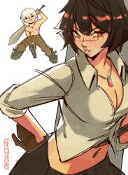 1boy 1girl artist_name breasts cleavage dante_(devil_may_cry) devil_may_cry devil_may_cry_(series) devil_may_cry_3 green_eyes gun heterochromia highres holding holding_gun holding_sword holding_weapon lady_(devil_may_cry) midriff no_shirt pants parted_lips rebellion_(sword) rebreesomart red_eyes scar scar_on_face scar_on_nose shirt smile sword weapon white_shirt