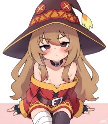 Rule 34 | 1girl, aisaka taiga, arm support, arms at sides, asymmetrical legwear, bandaged leg, bandages, bare shoulders, belt, belt collar, black gloves, blush, brown belt, brown eyes, brown hair, brown hat, brown thighhighs, closed mouth, collar, collarbone, commentary, cosplay, cowboy shot, dress, english commentary, expressionless, fingerless gloves, flat chest, flipped hair, furrowed brow, gloves, gold trim, hair between eyes, hair censor, hair over breasts, hair over shoulder, halftone, hat, highres, koonowen, long hair, long sleeves, looking at viewer, megumin, megumin (cosplay), mismatched legwear, pink background, red dress, ringed eyes, sidelocks, signature, simple background, sitting, solo, straight hair, sweat, thighhighs, toradora!, two-tone background, very long hair, white background, witch hat, zettai ryouiki
