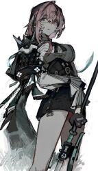 1girl armor black_gloves black_skirt breasts dress_shirt glasses gloves hair_between_eyes high-waist_skirt highres holding holding_polearm holding_weapon large_breasts long_hair looking_at_viewer mizunako naginata open_mouth pencil_skirt pink_eyes pink_hair polearm shirt shoulder_armor sidelocks simple_background skirt solo standing tsukishiro_yanagi weapon white_background white_shirt zenless_zone_zero