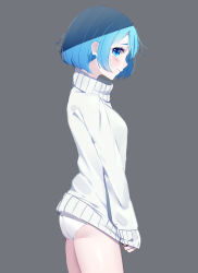 1girl absurdres arms_at_sides ass blue_eyes blue_hair blush bob_cut closed_mouth commentary cowboy_shot female_focus from_side grey_background highres looking_at_viewer original panties profile revision shade short_hair sidelocks simple_background solo sweater the_cold thighs turtleneck turtleneck_sweater underwear white_panties