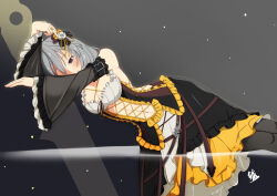 1girl absurdres adapted_costume arm_belt arms_up artist_name assault_lily bare_shoulders belt belt_buckle black_belt black_dress black_pantyhose black_ribbon blush breasts buckle cleavage closed_mouth clothing_cutout commentary cross-laced_clothes cross-laced_cutout cross-laced_dress detached_sleeves dress feet_out_of_frame flower frilled_dress frilled_sleeves frills gradient_background grey_background grey_flower grey_hair hair_between_eyes hair_flower hair_ornament hair_ribbon hata_matsuri highres jewelry large_breasts layered_dress light_particles long_sleeves looking_at_viewer lying medium_hair navel on_side pantyhose purple_eyes ribbon ring senri_(senri03151221) side_cutout sleeveless sleeveless_dress solo stomach_cutout two-tone_dress white_dress wide_sleeves yellow_dress yellow_ribbon