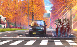 1boy 6+girls =_= animal_ears arm_at_side breasts brown_hair bus car commentary_request crosswalk dated day domino_mask el_condor_pasa_(umamusume) elbow_rest golden_generation_(umamusume) grass_wonder_(umamusume) hair_ornament hairclip heel_up highres horse_ears horse_girl horse_tail jacket king_halo_(umamusume) long_hair long_sleeves looking_at_another mask motor_vehicle multicolored_shoes multiple_girls one_side_up open_mouth outdoors pants pointing pointing_at_self ponytail red_jacket red_pants red_shoes road seiun_sky_(umamusume) shoes short_hair small_breasts smile sneakers special_week_(umamusume) standing sunlight tail takuzui toyota_prius tracen_training_uniform track_suit traffic tree twitter_username two-tone_shoes umamusume waving white_shoes winter_uniform