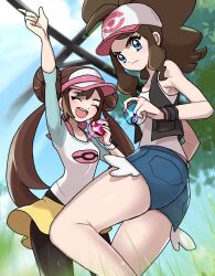 2girls ass bare_shoulders baseball_cap black_leggings blue_eyes blurry blurry_background brown_hair closed_eyes closed_mouth commentary_request denim denim_shorts donut_hair_bun double_bun eyelashes feet_out_of_frame fu_(tk1189227dhy) glint grass great_ball hair_bun hat highres hilda_(pokemon) holding holding_poke_ball leggings long_hair medium_hair multiple_girls nintendo open_mouth poke_ball poke_ball_print pokemon pokemon_bw pokemon_bw2 print_headwear print_shirt rosa_(pokemon) shirt shorts skirt smile teeth tree upper_teeth_only v-shaped_eyebrows visor_cap white_shirt yellow_skirt