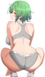 1girl artist_name ass breasts cameltoe clothes_writing commentary_request dimples_of_venus green_hair grey_panties grey_sports_bra highres hikage_(senran_kagura) large_breasts looking_at_viewer looking_back medium_hair orange_eyes panties senran_kagura shoes shoulder_blades simple_background slit_pupils solo sports_bra squatting surippa1010 twitter_username underwear underwear_only white_background white_shoes
